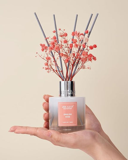 Airkeep Reed Diffuser Set,3.38 fl oz (100 ml) - English Rose Oil Diffusers with 8 Reed Sticks, Home Fragrance Reed Diffuser for Bathroom Shelf Decor