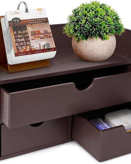 Besti Wooden Office Desk Organizer - Organizing Tool for Desktop, Cubicle, Bedroom, Kitchen - Vintage Style Organization Caddy with Top Tray Shelf & 3 Drawers - 13.6x9x7 Inches (Dark Brown)