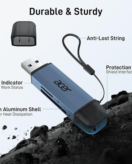 Acer SD Card Reader USB C, Dual Slots USB 3.0 Type C to Micro SD Card Adapter, Memory Card Reader for MicroSD, SDHC, SDXC, Compatible with Laptop, PC, iPhone16/15, MacBook, iPad Pro, Android-Midnight