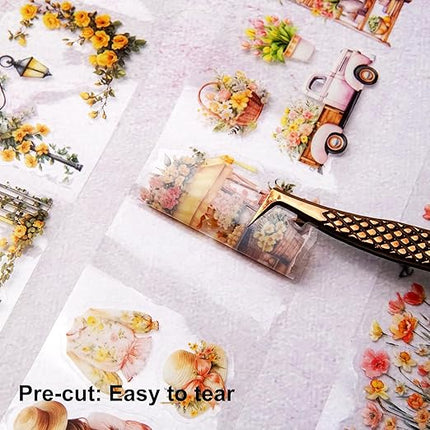 AuriicLeaf Floral Sea PET Tape Set, 3 Rolls Pre-Cut Botanical Stickers for Scrapbooking, Journaling, DIY Crafts, and Collage Art (30 mm/50 mm/55 mm)