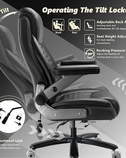 700LBS Large Heavy Duty Office Chair with 5D Flip Arms, Comfy Big and Tall Executive Office Desk Chair with Pocket Spring Cushion, High Back Computer Chair with Lumbar Support,Dual Rubber Wheel