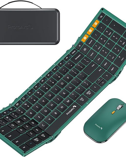 ProtoArc Foldable Keyboard and Mouse, XKM01 True Full-Size Folding Wireless Keyboard Mouse Combo for Business Travel, a Portable Office Suite On-The-Go, Compatible with Laptop iPad Tablet - Green