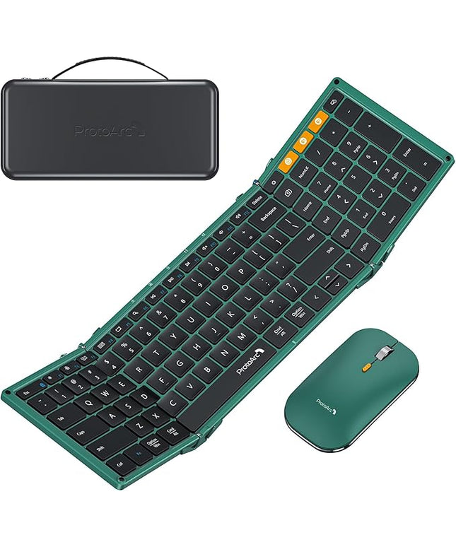 ProtoArc Foldable Keyboard and Mouse, XKM01 True Full-Size Folding Wireless Keyboard Mouse Combo for Business Travel, a Portable Office Suite On-The-Go, Compatible with Laptop iPad Tablet - Green