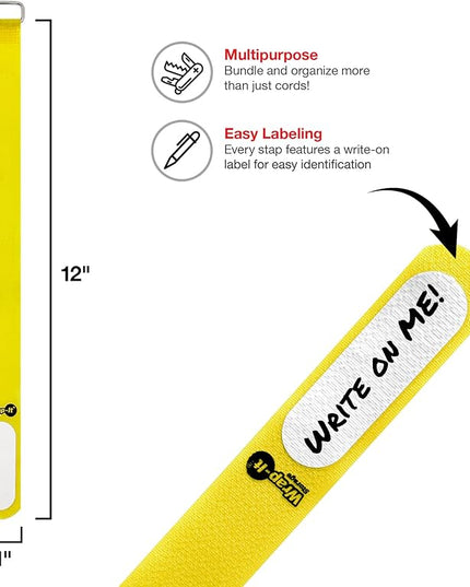 Wrap-It Storage Cinch-Straps, 12" 16 Pack (Yellow), Features Metal Buckle and Label for Cord Identification, Reusable Multi-Purpose Securing Cable Straps, Cord Wrap, Cord Organizers
