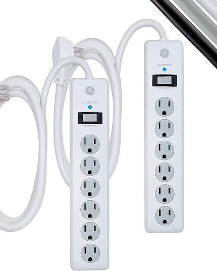 GE Surge Protector Power Strip, 6 Ft Extension Cord, 6 Outlet Extender, 800 Joules, Flat Plug, Twist-to-Close Safety Covers, ETL Listed, White, 2 Pack, 54638