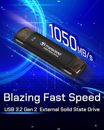 Transcend ESD310 2TB External SSD, Up to 1,050MB/s, Dual USB Drive for iPhone17,16,15, iPad&Mac/Pixel10/Tesla/Steam Deck/ROG Ally/MSI Claw/Android/PS5, 2-in-1 Type C &A, USB 3.2 Gen2 Portable SSD