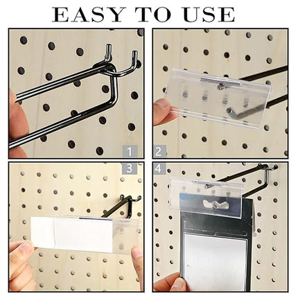 Tandefio 50 Pack 6 Inch Black Metal Peg Board Hooks with Clear Plastic Label Holder Stainless Steel Display Pegboard Hooks for 1/8'' to 1/4'' Pegboard Wall for Garage Storage Retail Shop Supplies