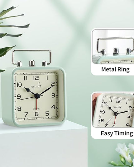 FLOITTUY Square Metal Beep Alarm Clock Silent No Ticking, Snooze and Battery Operated, Night Light and Desk Clock for Bedroom/Travel/Kids, Easy Set(Green)