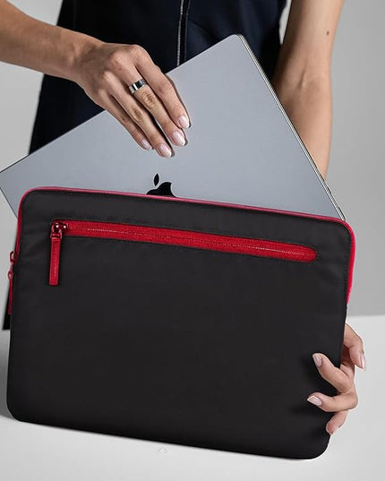 Incase Compact Laptop Sleeve with Flight Nylon - 14-inch MacBook/Laptop & iPad/Tablet Sleeve - Faux Fur Lining, Lightweight, Durable, Weather Resistant, Slip Pocket for Accessories - Black/Signal Red