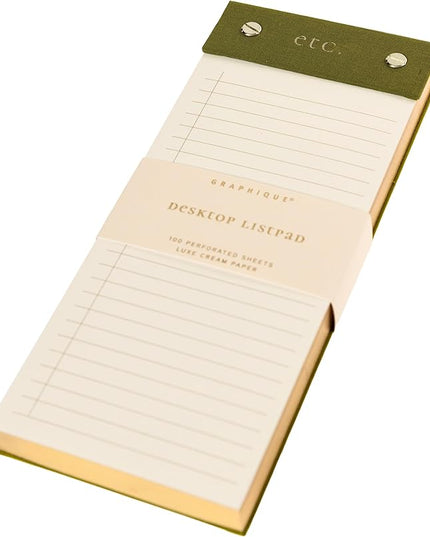 Graphique Post-Bound List Pad Luxe Collection, Perforated Sheets To-Do Notepad, Hardcover Binding, Gold Foil Embossing, 100 Pages, 4” x 9.75”, Olive Green