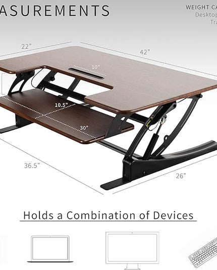 VIVO 42 inch Height Adjustable Stand Up Desk Converter, V Series, Quick Sit to Stand Tabletop Dual Monitor Riser Workstation, Dark Walnut Top, Black Frame, DESK-V000VLD