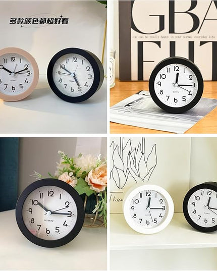 HIQU and HIST Alarm Clock with Backlight, 4 Inches Cute Analog Round Digital Quartz Clock, Non Ticking, Battery Operated,Simply Design for Living Room, Bedroom,Bedside, Desk Decorative (Black)