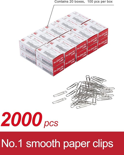 PAPERPAL Paperclips for Office School & Personal Use, #1 Smooth Paper Clip (1-2/7"), 2000 Medium Paper Clips (20 Boxes of 100 Each), Silver
