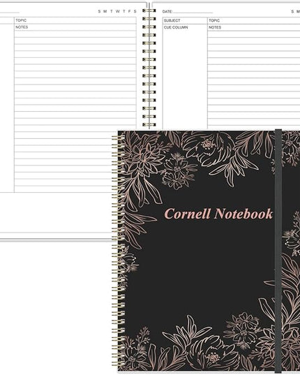 Yaridar A4 Cornell Notes Notebook - 8.5" x 11" College Spiral Cornell Notebooks for Note Taking, Subject College Ruled Steno Pads for Office School/Home, Black Flower
