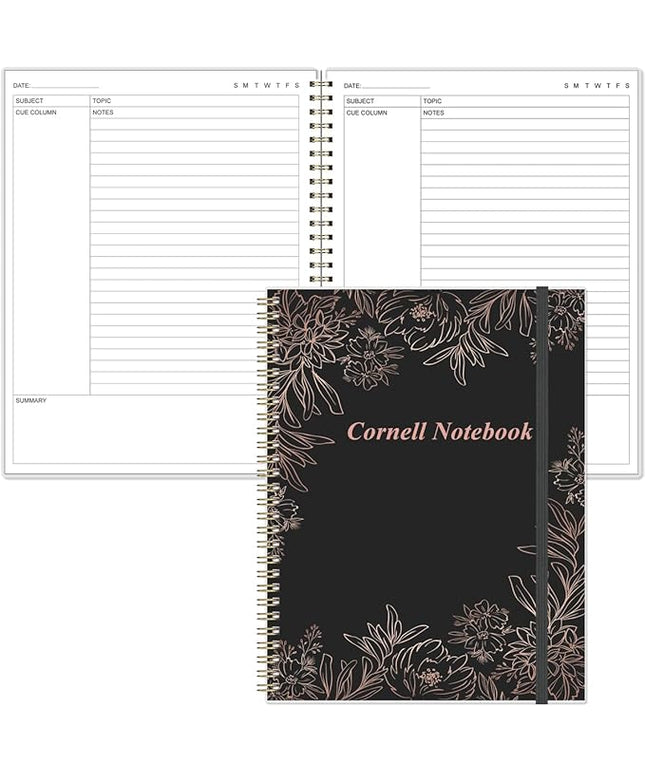 Yaridar A4 Cornell Notes Notebook - 8.5" x 11" College Spiral Cornell Notebooks for Note Taking, Subject College Ruled Steno Pads for Office School/Home, Black Flower