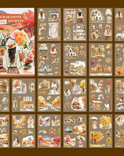 Dwpetzo Fall Landscape Pre-Cut Autumn Journal Sticker Book, Transparent PET Watercolor Scrapbook Stickers for Junk Journaling Supplies, Scrapbooking, Collage, Bujo, 20 Sheets