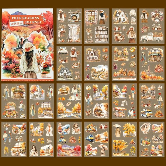 Dwpetzo Fall Landscape Pre-Cut Autumn Journal Sticker Book, Transparent PET Watercolor Scrapbook Stickers for Junk Journaling Supplies, Scrapbooking, Collage, Bujo, 20 Sheets