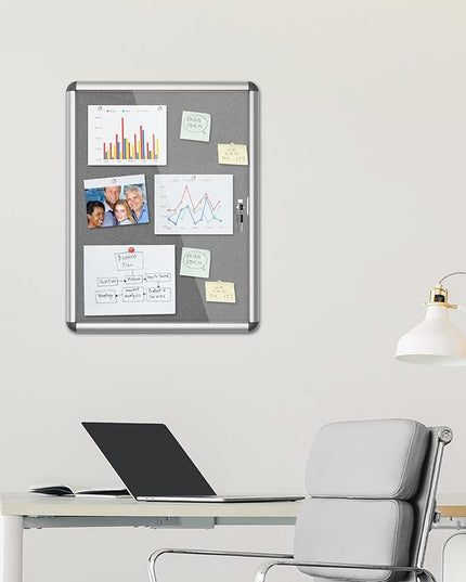 Mifuro 26"x20" Enclosed Bulletin Board, Lockable Weather-Resistant Aluminum Cork Noticeboard for School & Office, Silver Frame w/Grey Flet