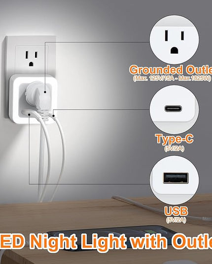 JackonLux Night Lights Plug Into Wall 2 Pack Rechargeable Battery Backup Light Dusk to Dawn Sensor Night Light with Outlet Expander for Adults Kids Bedroom, Kitchen, and Bathroom (Daylight - 5000K)