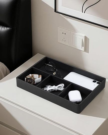NICLNGSH PU Leather Valet Tray, Decorative Trinket Vanity Desk Drawer Organizer Tray, Perfume Dish Catch All Bowl for Keys, Nightstand Drawer Organizer Women Men with 4 Compartments (Black)
