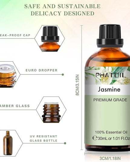 Jasmine Essential Oil 1.01fl.oz/30ml, PHATOIL Jasmine Oils Long Lasting Scents for Aromatherapy, Diffuser, DIY Soap and Candle Making