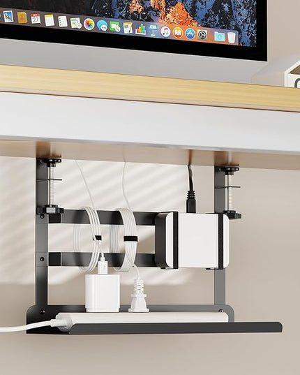 YECAYE Under Desk Cable Management Tray, All-Metal Clamp-Mount Cable Management Organizer Tray, Computer Cord Organizer Rack, Standing Desk Wire Organization for Office and Home, Black