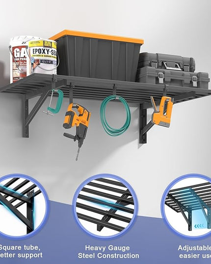 2x4ft Heavy Duty Garage Shelving, 2' x 4' Garage Wall Shelving Wall Mounted, 200LB Capacity Storage Rack with Hooks (1pack-2x4ft)