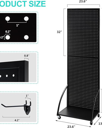 2'x 6' Metal Pegboard Display Stand with a Plate, Peg Board Panels, Standing Pegboard Display, Craft Fair Display Rack, Art Display Stand, Extra 10 pieces Hooks-Black