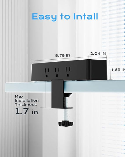 Flat Plug Desk Clamp Power Strip 10FT, 40W Total Fast Charging Station, Dual PD 20W USB C Ports, Desk Edge Mount Power Strip 9 AC Outlets 8 USB Ports(4 USB C) Surge Protector, Fit 1.7" Tabletop Edge