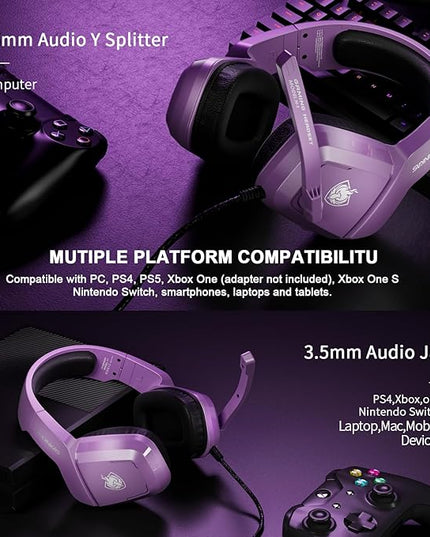 PHOINIKAS Gaming Headset for PS4, PS5, PC, Laptop, Stereo Over Ear Gaming Headphones with Noise-Canceling Mic, Gaming Headsets for XboxOne, Switch, Laptop, Mac, Phone (Purple)