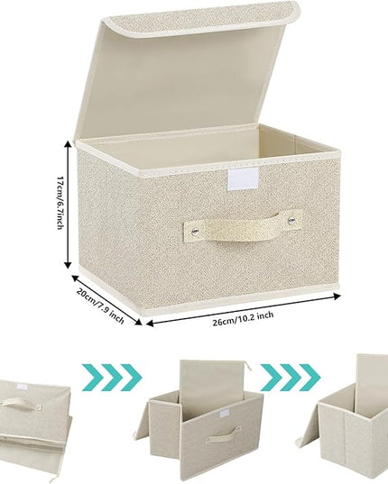 Storage Boxes, Collapsible Storage Bins with Lids, Cotton and linen cloth Storage Baskets with Handle, for Books, Closet, Bedroom, Home, 10.2x7.9x6.7 in, Grey and Beige