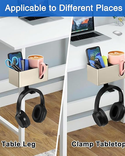 ROSLINE 3-in-1 Clip-on Desk Organizer - Pen, Headphone, and Cup Holder for Expanding Office and Gaming Space (Champagne)