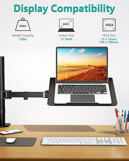WALI Laptop Tray Desk Mount for 17inch Notebook, Fully Adjustable Laptop Arm up to 22lbs, Monitor Mount with Vented Cooling Platform Stand (M00LP), Black