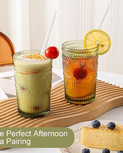 Vintage Glassware Drinking Glasses Set of 6,13 oz Green Textured Flower Design Glass Water Tumblers，Embossed Striped Drinkware for Water,Cocktails,Juice,Iced Coffee