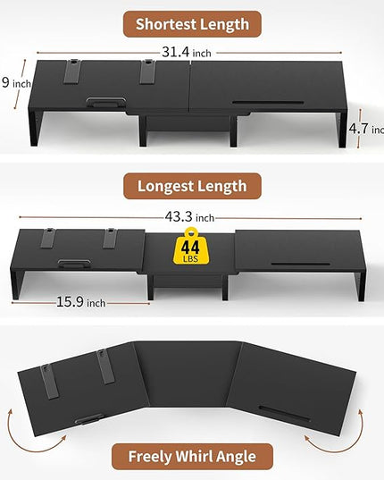 Dual Monitor Stand Riser - Computer Monitor Stand for 2 Monitors，Office Desktop Organizer，Adjustable Length and Angle 3 Shelf with Storage Drawer Phone Holder for Monitors and Laptops-Black