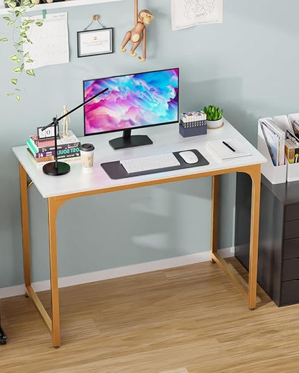 PayLessHere | 39 Inch Computer Desk | White Gold | Office Desk with Metal Frame, Adjustable Feet | Water-Resistant, Scratchproof Surface | Sturdy Writing Table for Home Office or Study | Pack of 1