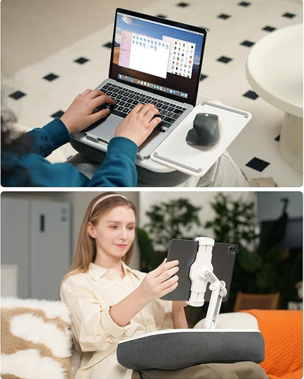 Viozon Kindle Pillow Stand Holder, Phone Holder for Bed, Laptop Lap Desk with Mouse Pad,Compatible with 4.7-13" Kindle/Tablet/Phone,10-15" Laptop, Snack Bowl&Cup Attachment&Detachable 360°Stand Arm