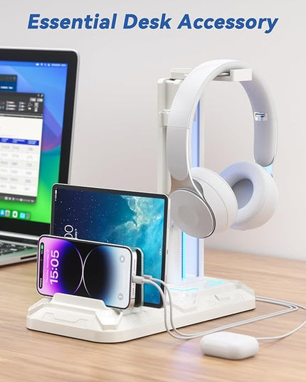KDD Headset Stand with Charging Station - Detachable Controller Holder with 9 Light Modes - Rotatable Headphone Hanger with USB A&C Charger Ports - Earphone Hook for PC Gaming Accessories Storage