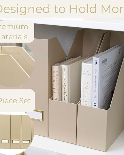 BLU MONACO | Set of 6 Foldable Taupe Magazine File Holders with Label Holders | Vertical File Organizer & File Storage Boxes for Desk, Shelves & Home Office