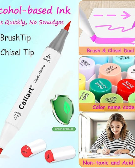 Caliart 121 Colors Alcohol Markers Brush Tip, Dual Tip Artists Coloring Markers Set Brush & Chisel, Permanent Alcohol Based Colored Sketch Pens, Art Supplies Gifts for Adults Illustration Drawing