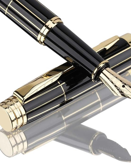 Tiankool Luxury Fountain Pen,Fine Nib, Exquisite Pen Gift Set for Men&Women-Includes 10 Ink Cartridges&Ink Converter- Nice Pens - Black - Gold Plaid