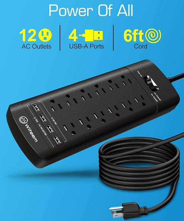 Surge Protector Power Strip - 12 Outlets,4 USB 6A Ports, 6Ft Extension Cord, 1875W/15A, 4360Joules, Overload Protection - Ideal for Home & Office Use (Black-USB6A)