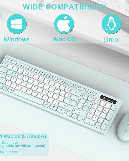Silent Keyboard and Mouse Combo Wireless,ful-Sized Wireless Keyboard and Adjustable DPI Mouse, 2.4GHz USB Receiver, Keyboard and Mouse for PC, Windows, MAC, Desktop, Laptop (Mint Green-B)