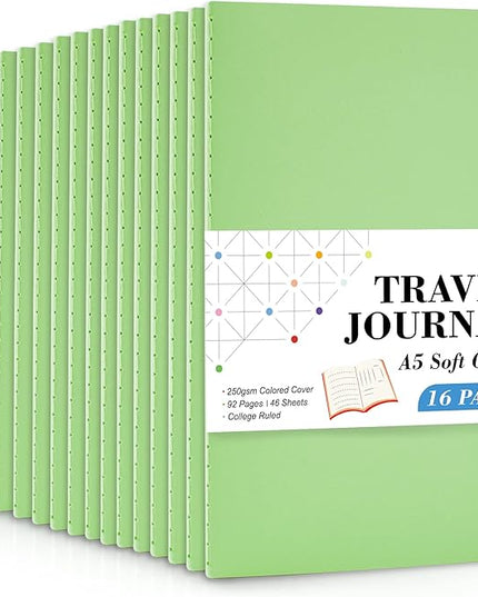 16 Pack Soft Cover Journal Bulk, Feela Lined Notebooks College Ruled for Work for Women Girl Writing, Blank Travel Journal Note Taking Notebook School Business Supplies, 8.2” x 5.5”, A5, Light Green