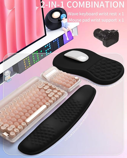 Hokafenle 2in1 Combination, Wave Keyboard Wrist Rest and Ergonomic Curvature Mouse Pad Wrist Support for Relieve Wrist Pain, Filled with Soft Cushion Memory Foam, Black