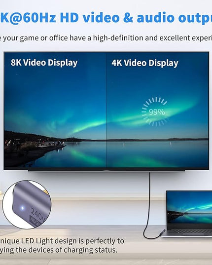 Poyiccot USB C Right Angle Adapter 240W, Right Angle 90 Degree USB C Male to Female Extender Support 40Gbps Data Transfer, 8K Video with LED Light for ipad, MacBook, Tablet, Phone, 2pcs