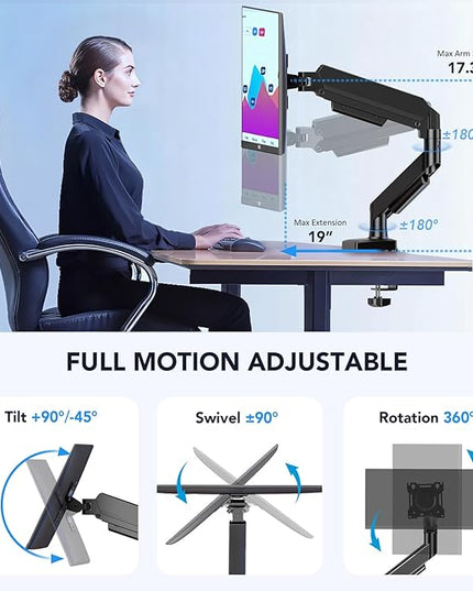 Single Monitor Arm, Monitor Mount for 17-32 inch Screens Gas Spring Adjustable Monitor Stand, Vesa Mount with Clamp and Grommet Aluminum Base - Fits 4.4 to 22lbs LCD Computer Monitors AX09DB01
