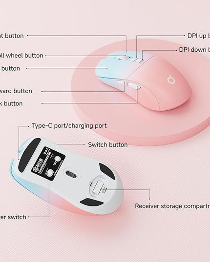 EWEADN G309 Wireless Computer Mouse,2.4G&Bluetooth Ergonomic Cordless Mice with 4000 DPI,5 Adjustment Levels,Cute and Portable Mouse for Laptops, PC and More,7 Buttons Office USB Mice-Blue&Pink