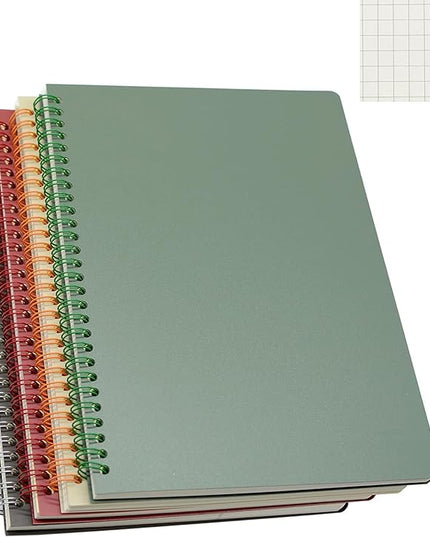Yansanido Spiral Notebook, 4 Pcs B5 Thick Plastic Hardcover Graph Paper 4 Color 80 Sheets -160 Pages Journals for Study and Notes (Grid-4pcs Wine Red,Brown,Green,ivory, B5)