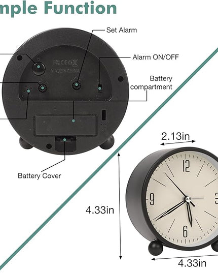 Blusaryme Analog Alarm Clock - 4 Inch Super Silent Non-Ticking, Battery Operated Small Clock with Night Light, Elegant Bedside Desk Clock for Bedroom, Living Room, Office, Student Gift